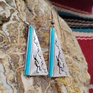 Handmade Southwest Sterling Silver Turquoise Inlay Kokopelli Dangle Earrings